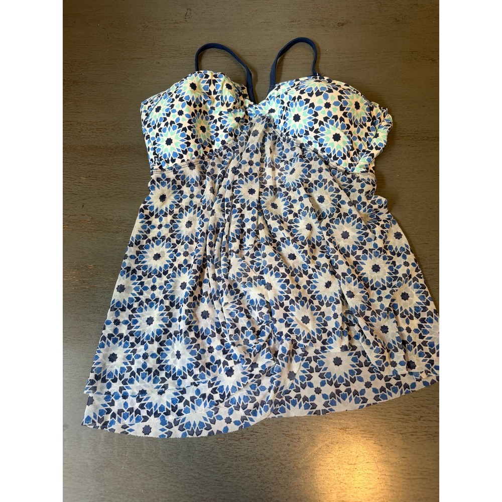 Tropical Escape Womens Blue Geometric Mosaic Print Tankini Swim Top Size 12